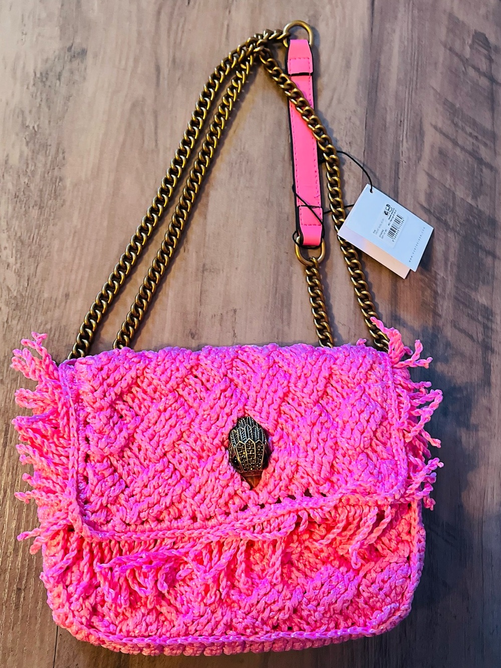 Kurt Geiger Neon Pink Crochet Fringe Shoulder Bag with Chain Strap